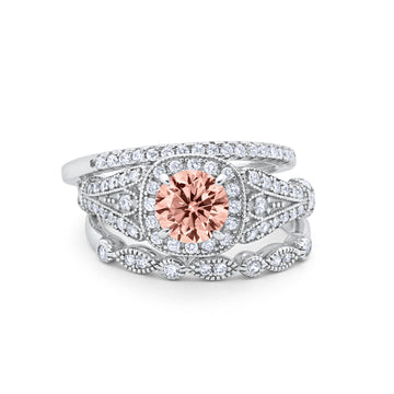 Three Piece Art Deco Bridal Wedding Ring Simulated Morganite CZ 925 Sterling Silver